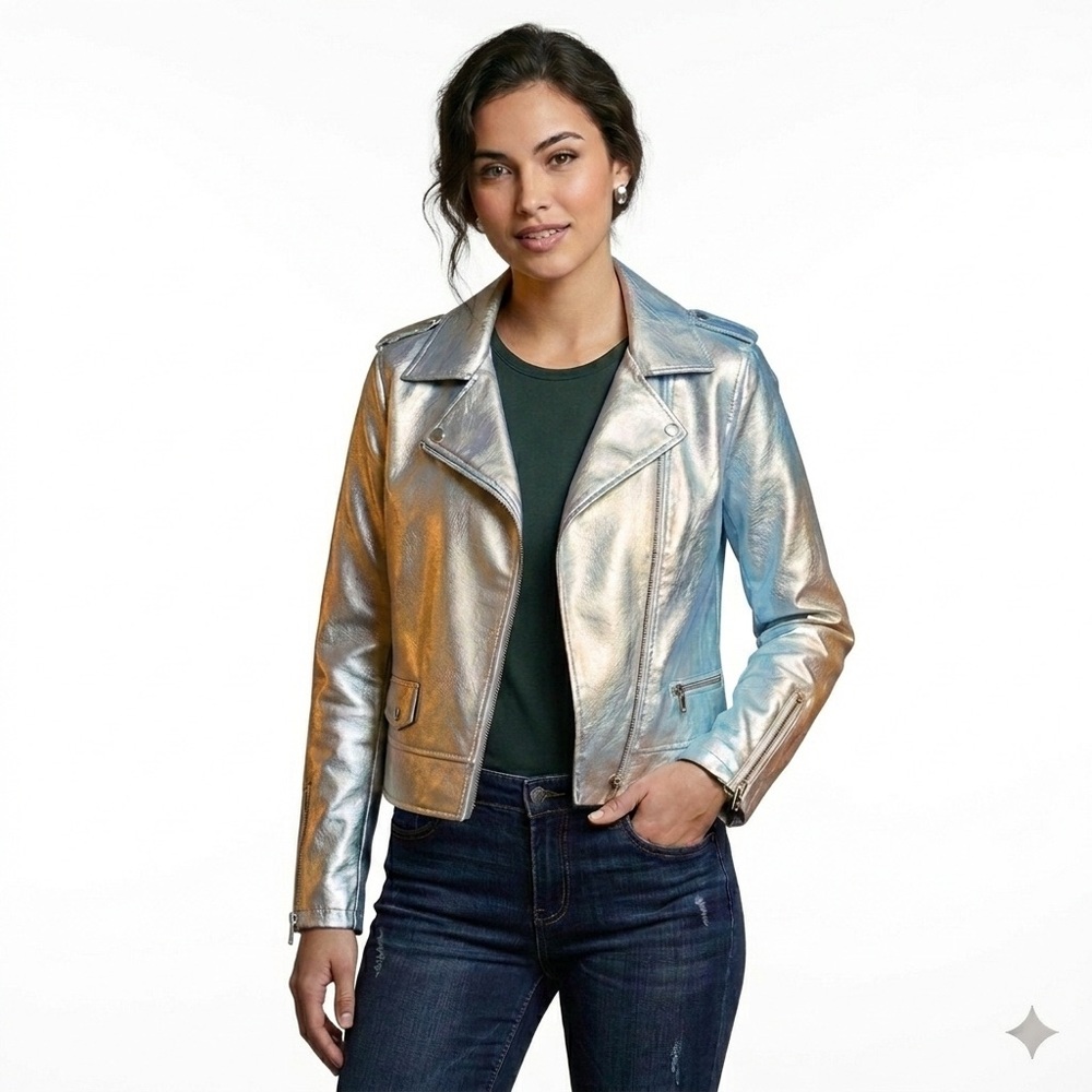 Baccini Silver Faux Leather Motorcycle Jacket Size M, NWT